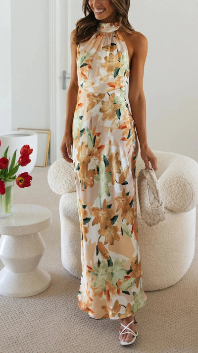 Damen Maxikleid mit Halsschleife und Blumenmuster