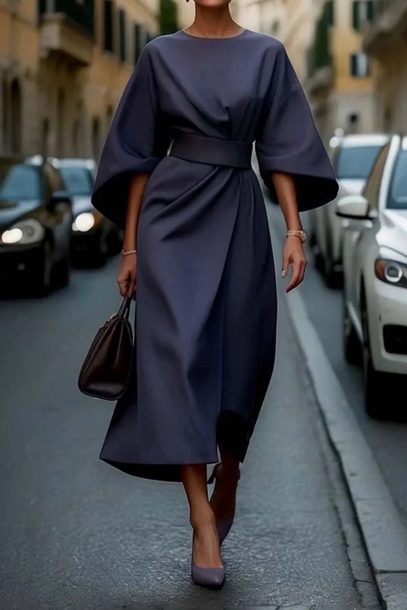 Damen Maxikleid mit Kimonoärmeln und Gürtel