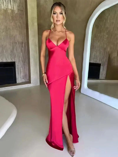 Damen Maxikleid mit Neckholder und hohem Schlitz