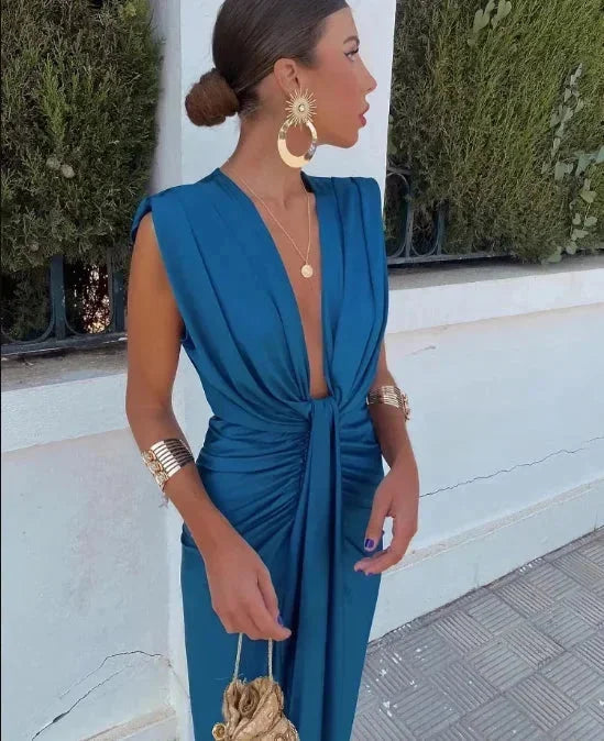 Damen Maxikleid mit V-Ausschnitt und Raffungen
