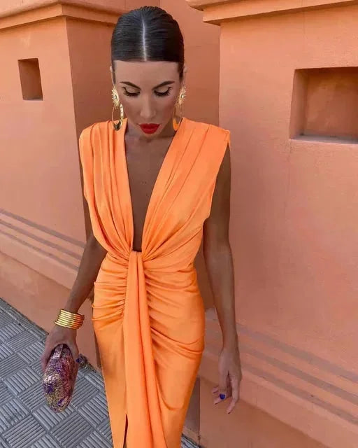 Damen Maxikleid mit V-Ausschnitt und Raffungen