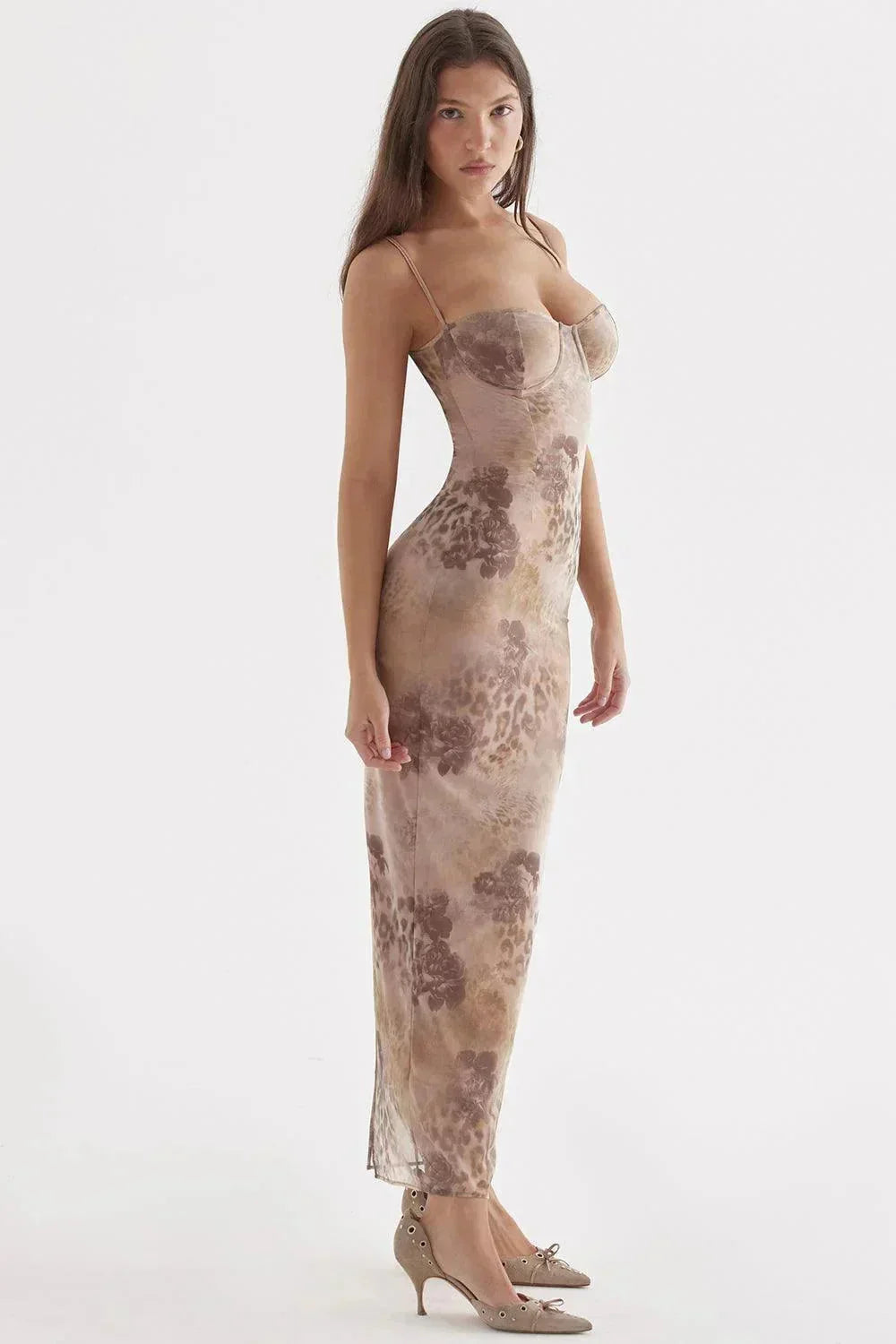 Damen Maxikleid mit verstellbaren Trägern und Blumenmuster