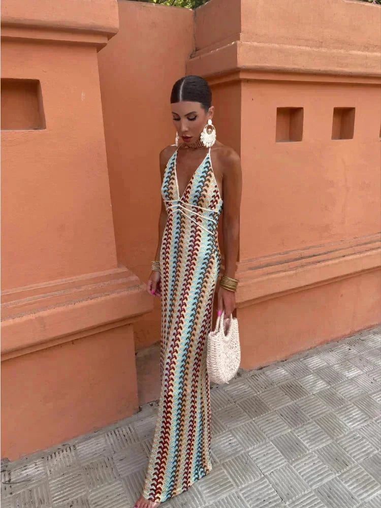 Damen Maxikleid mit Zickzackmuster und Halsschnürung