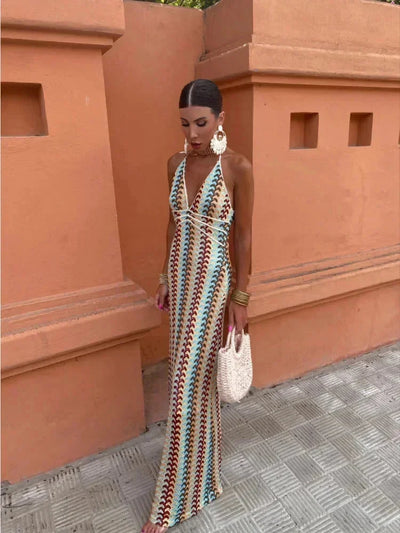 Damen Maxikleid mit Zickzackmuster und Halsschnürung