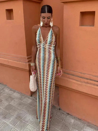 Damen Maxikleid mit Zickzackmuster und Halsschnürung