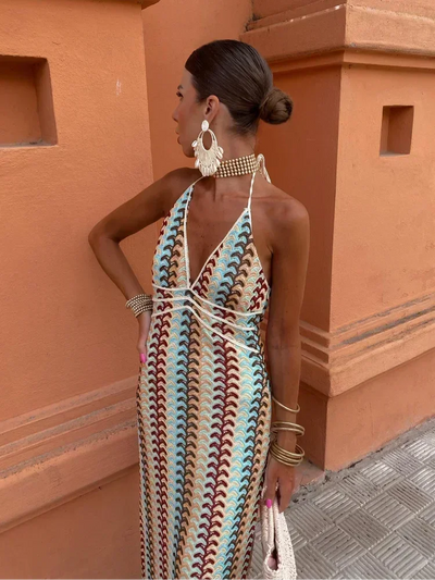 Damen Maxikleid mit Zickzackmuster und Halsschnürung