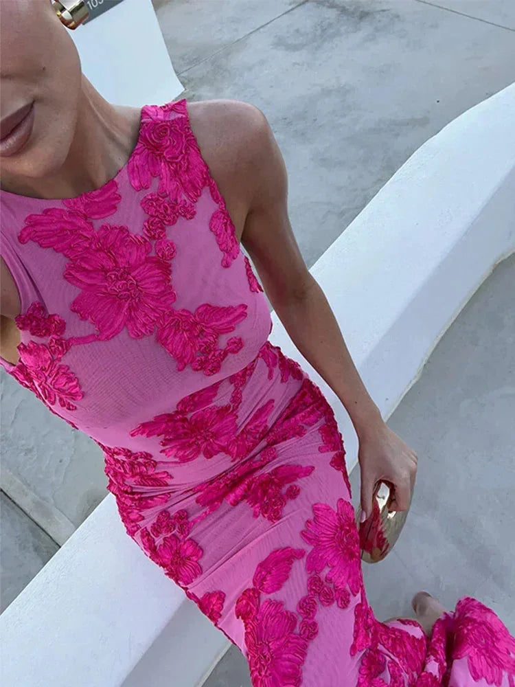 Damen Maxikleid Pink mit floralem Muster ärmellos