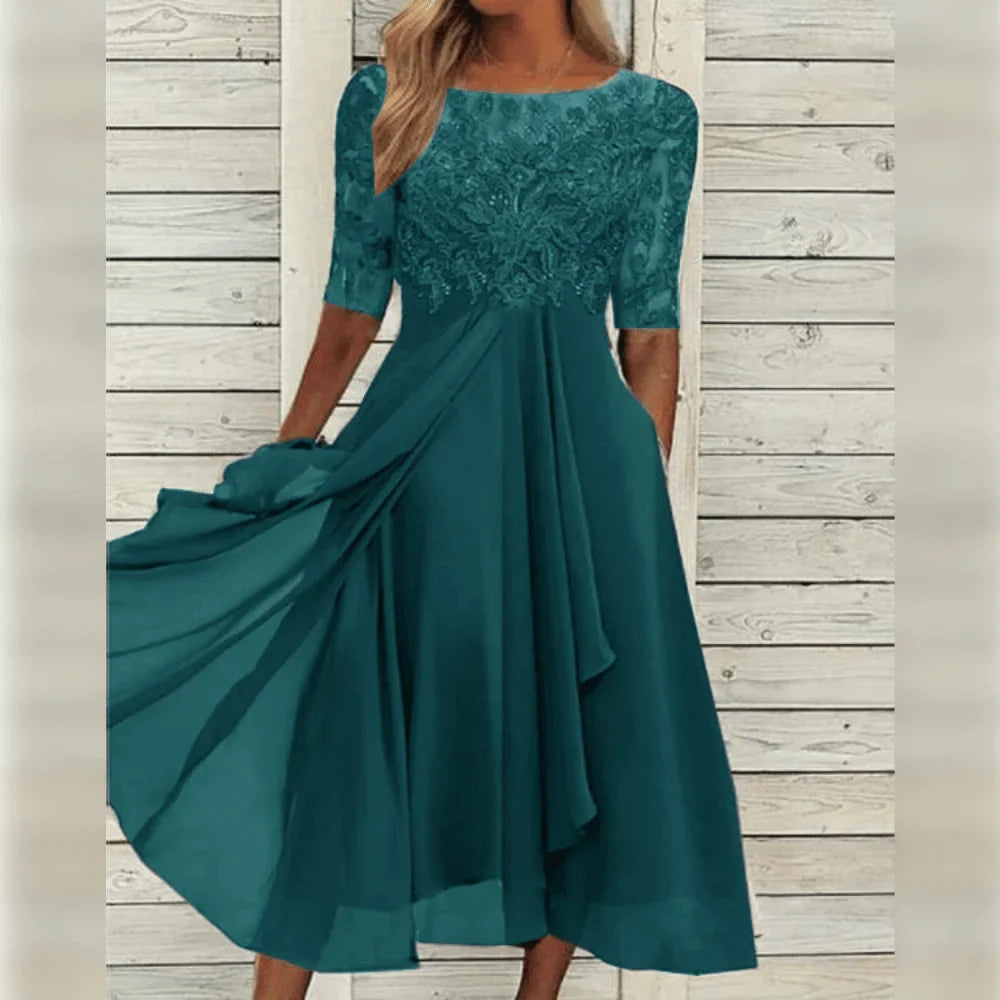 Damen Midikleid mit Spitzenoberteil und asymmetrischem Saum