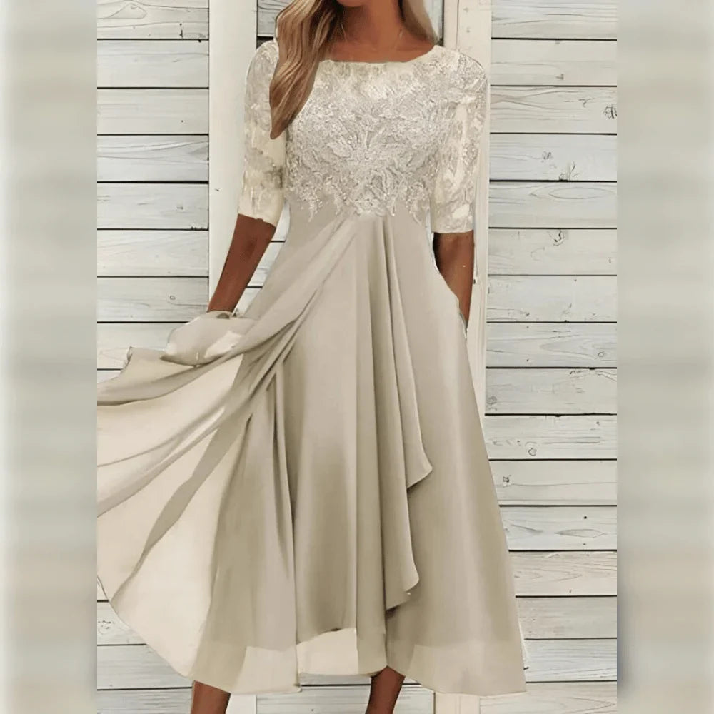 Damen Midikleid mit Spitzenoberteil und asymmetrischem Saum