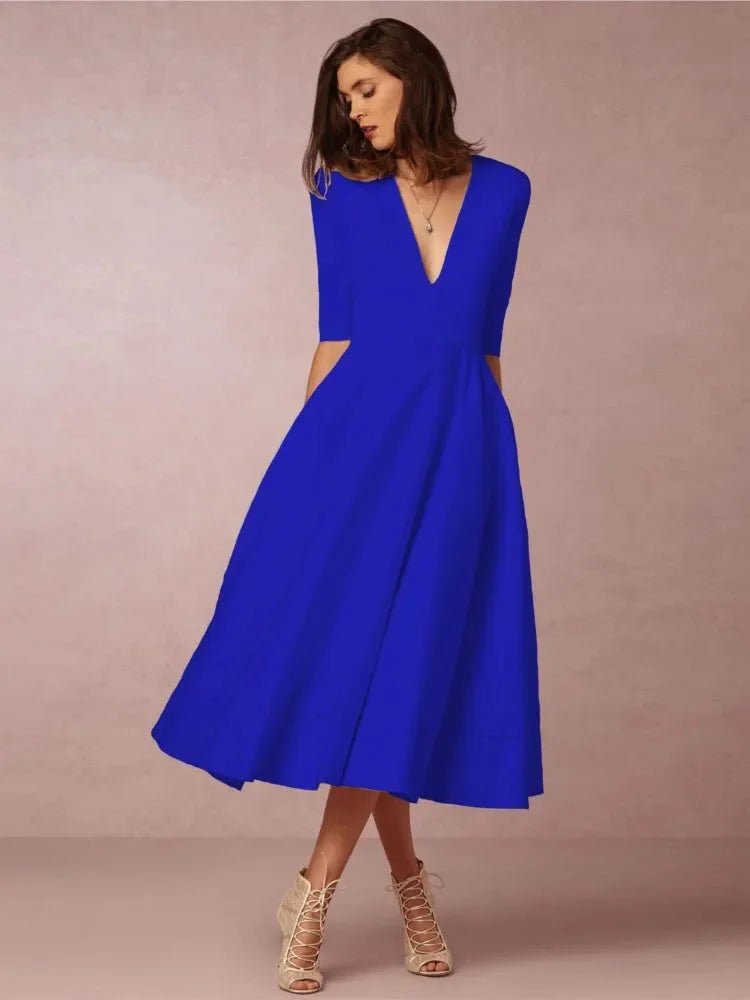 Damen Midikleid mit V-Ausschnitt und ausgestelltem Rock