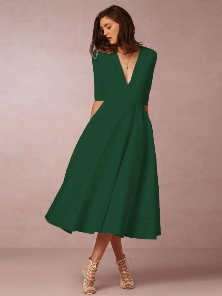 Damen Midikleid mit V-Ausschnitt und ausgestelltem Rock