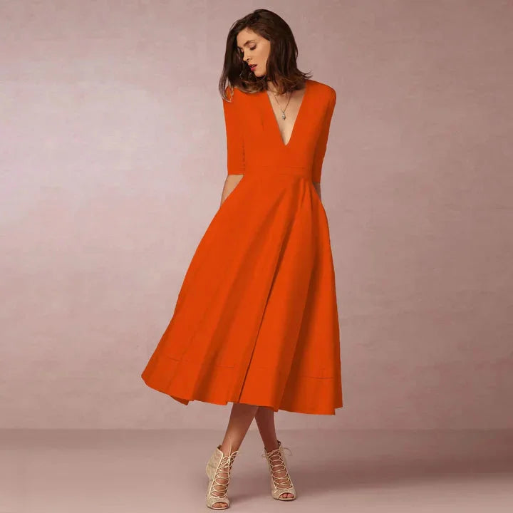 Damen Midikleid mit V-Ausschnitt und ausgestelltem Rock