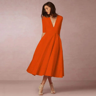 Damen Midikleid mit V-Ausschnitt und ausgestelltem Rock
