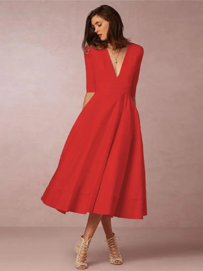 Damen Midikleid mit V-Ausschnitt und ausgestelltem Rock