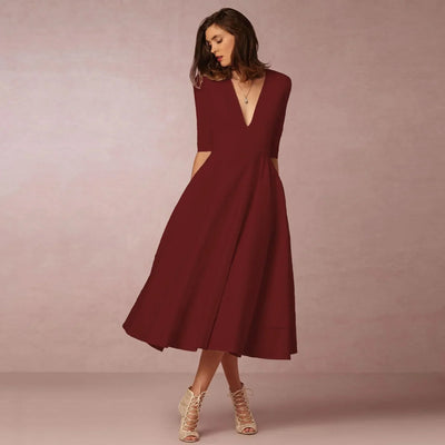 Damen Midikleid mit V-Ausschnitt und ausgestelltem Rock