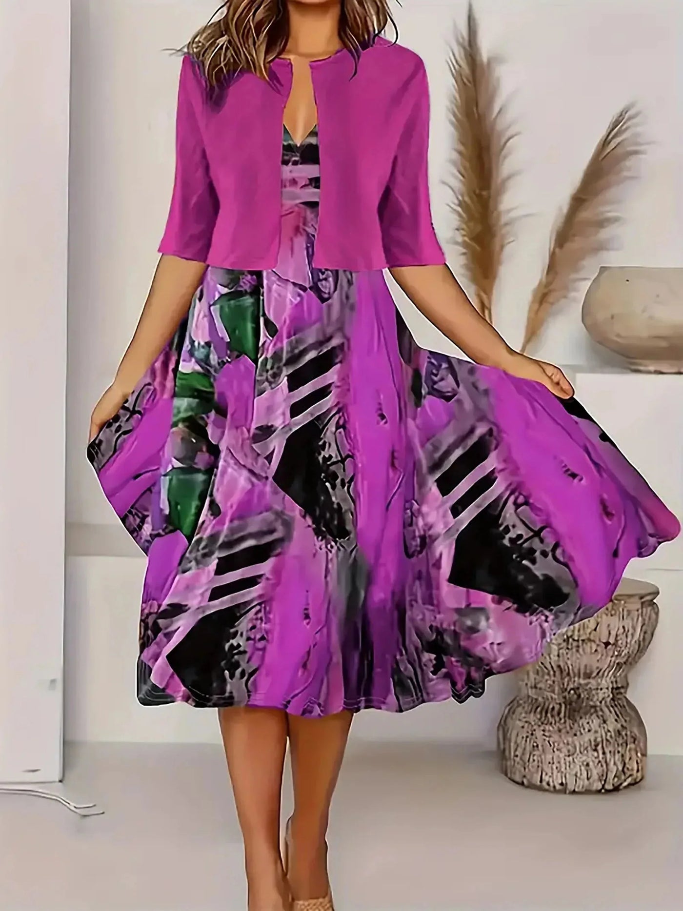 Damen Midi Sommerkleid mit Blazer und Blumenmuster
