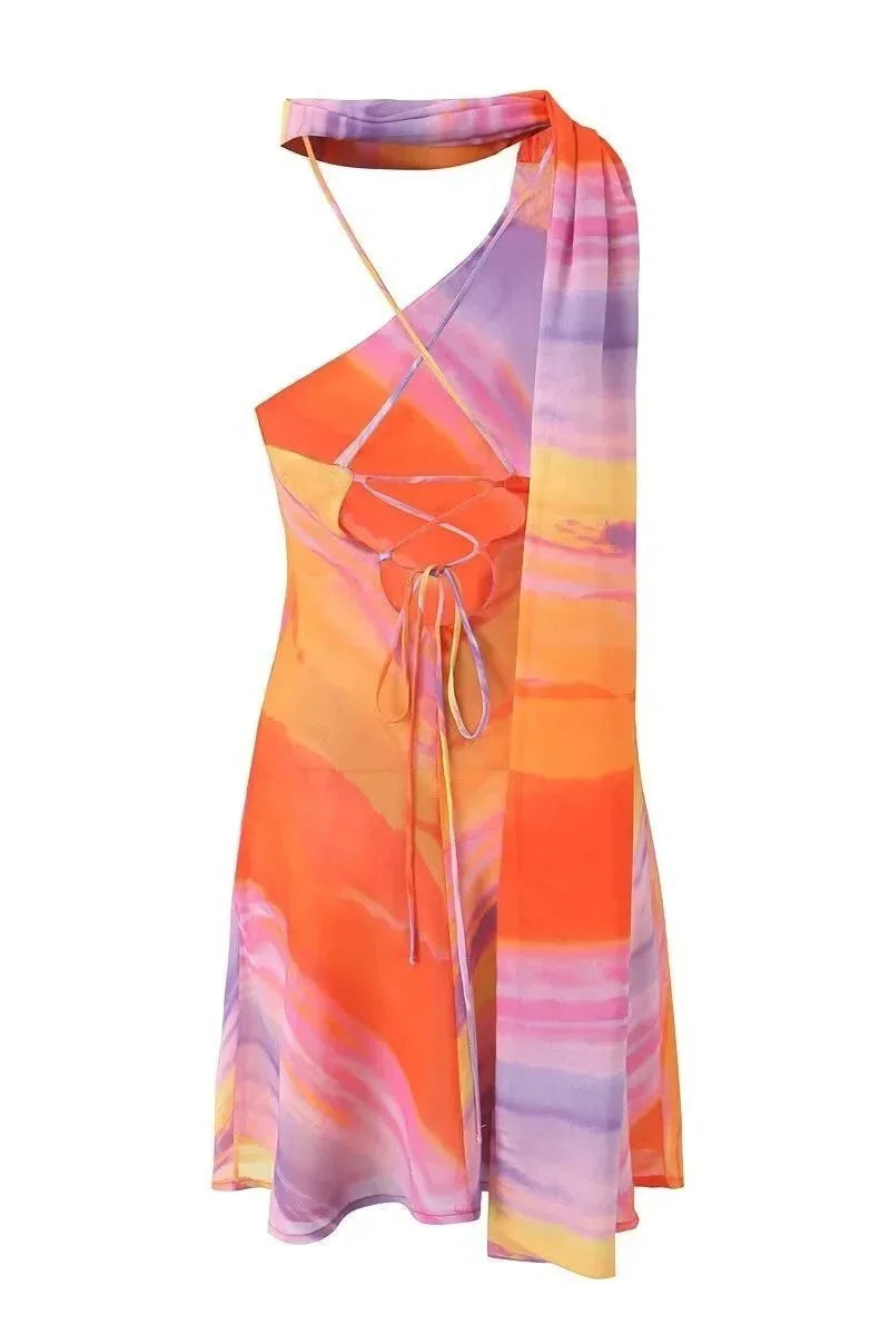 Damen Minikleid in Halfter Form mit Sonnenuntergangsfarben