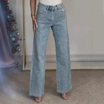 Damen High Waist Wide Leg Jeans mit Strass-Steinen