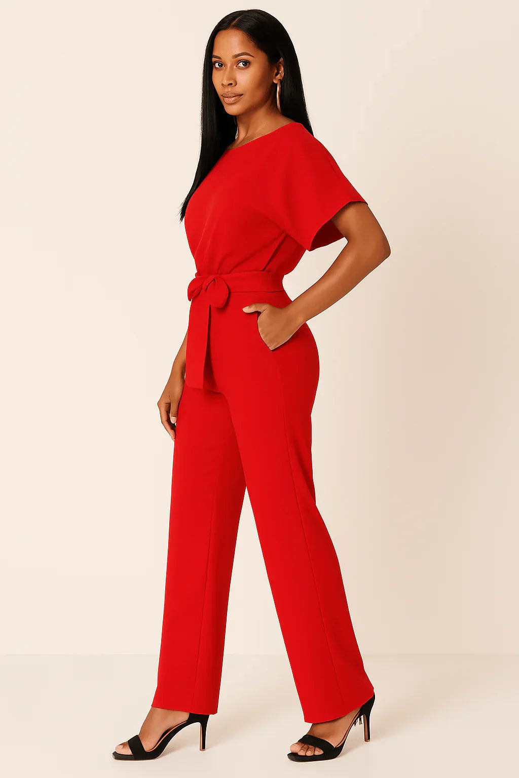 Damen Overall mit Krawatten Gürtel und weitem Bein