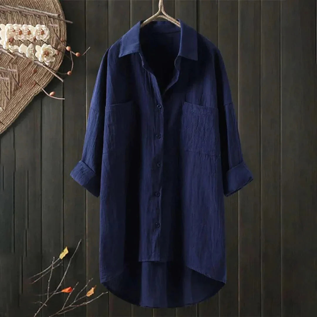 Damen Oversized Bluse mit Brusttasche und Kurzarm
