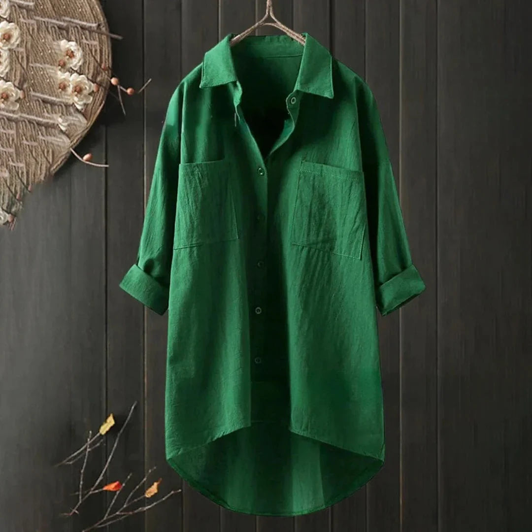 Damen Oversized Bluse mit Brusttasche und Kurzarm