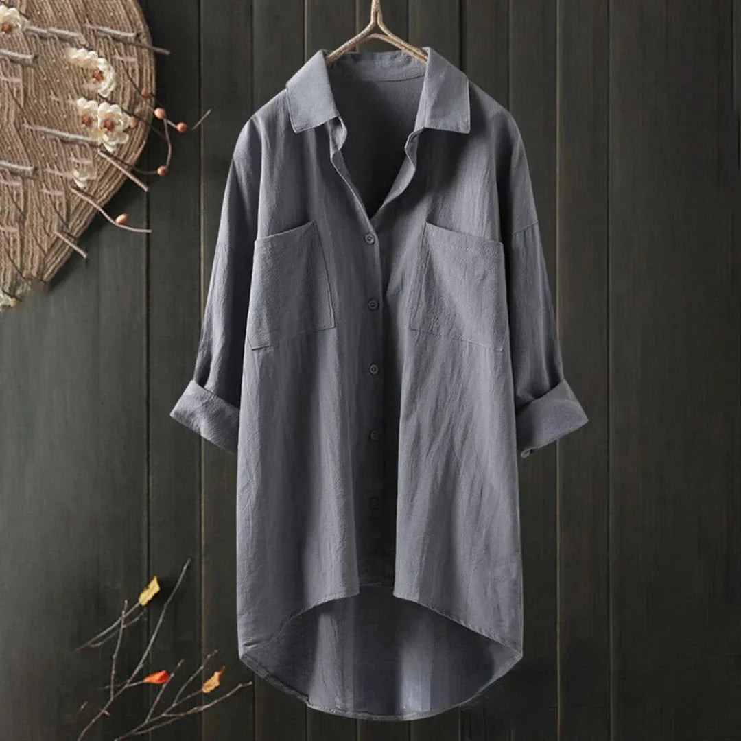 Damen Oversized Bluse mit Brusttasche und Kurzarm
