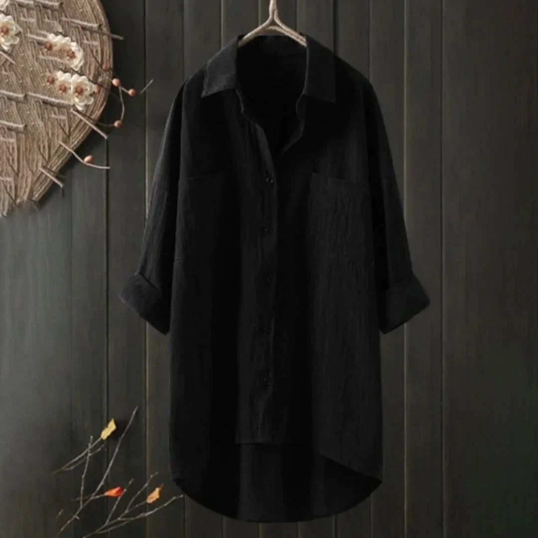 Damen Oversized Bluse mit Brusttasche und Kurzarm