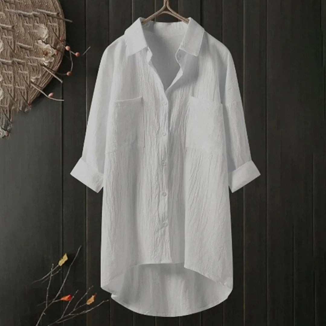 Damen Oversized Bluse mit Brusttasche und Kurzarm