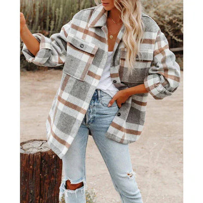 Damen Plaid Übergangsjacke in Übergröße mit Taschen