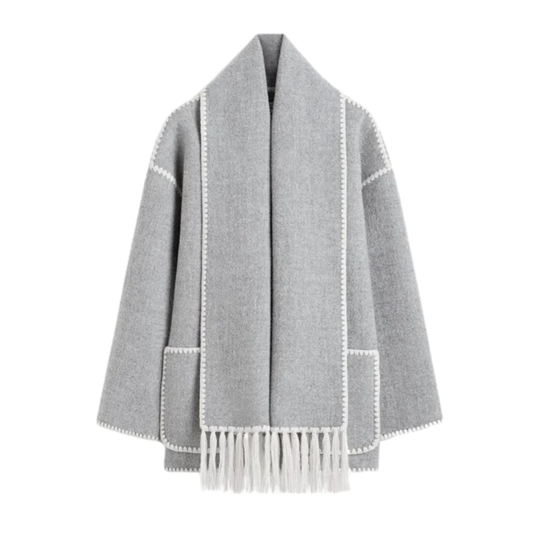 Kurze Damen Jacke mit Schal Fransen und Kontrastnähten