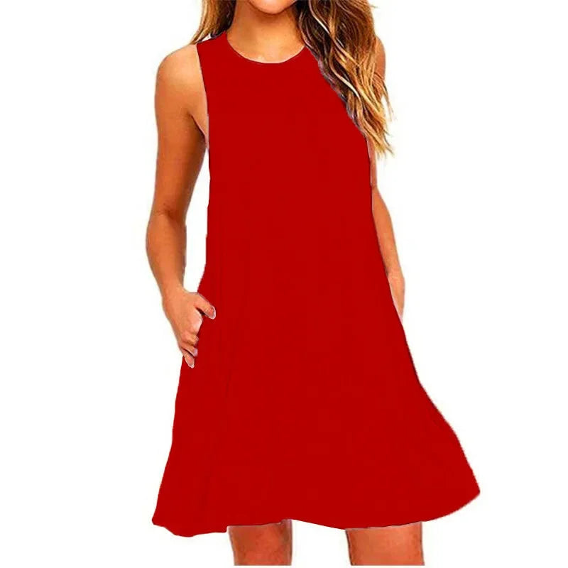 Damen Ärmelloses Swing-Kleid Rundhalsausschnitt Freizeitmode