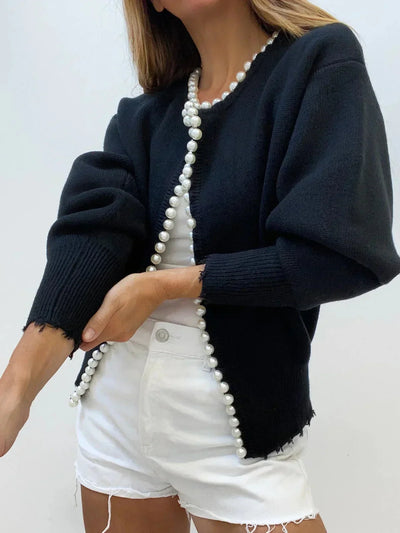 Damen Strickjacke mit Perlenverzierung und Ballonärmeln