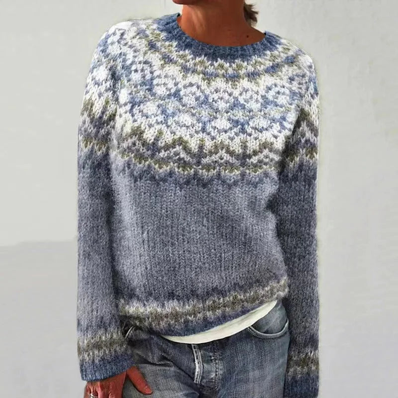 Damen Strickpullover mit Rundhalsausschnitt und Norwegermuster