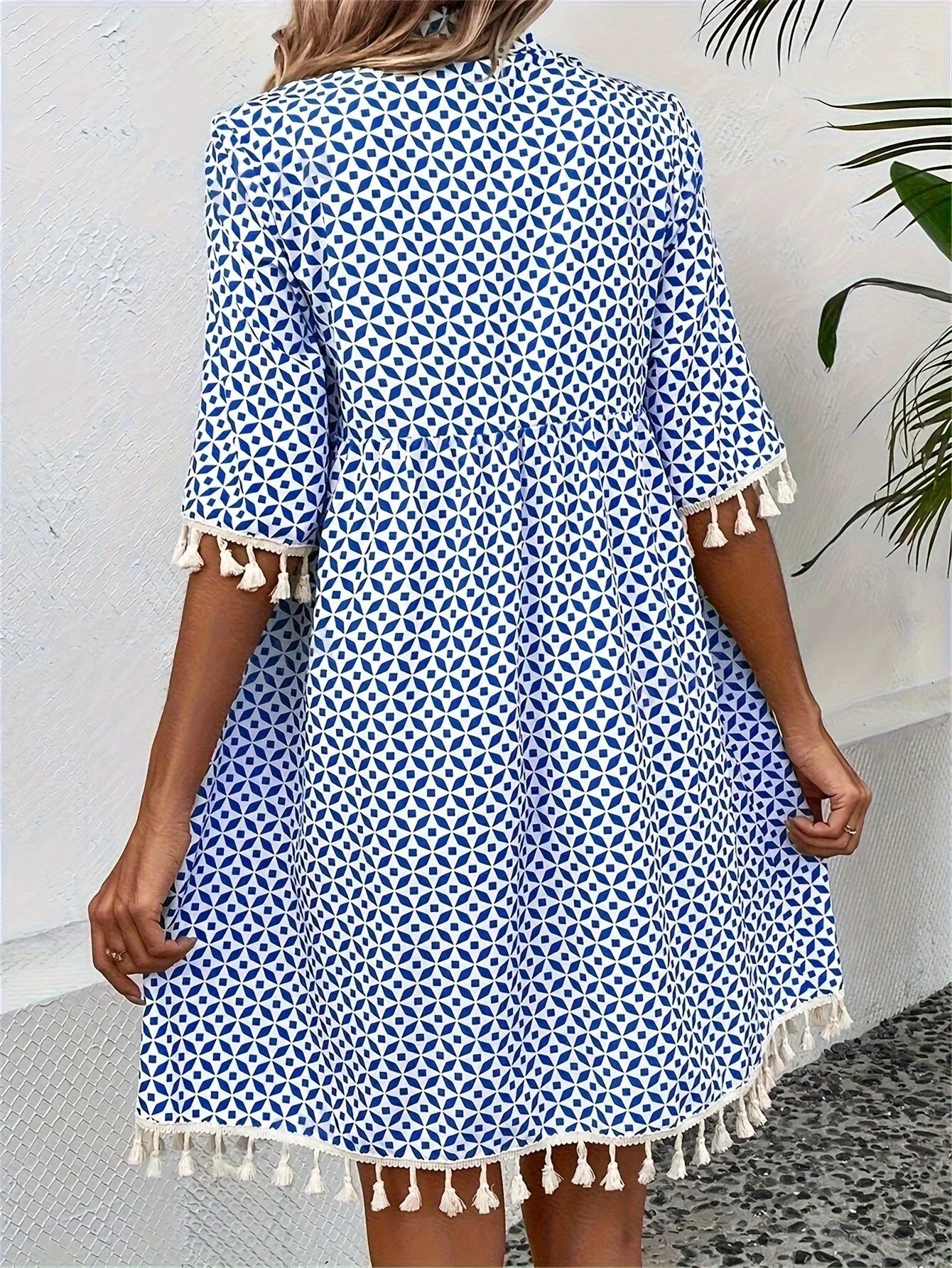 Damen Tunika Minikleid mit Quasten in weiß und blauem Muster
