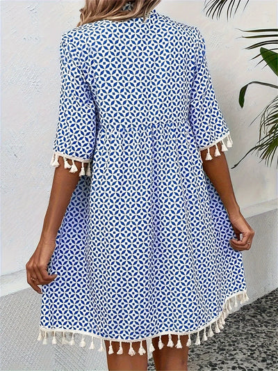 Damen Tunika Minikleid mit Quasten in weiß und blauem Muster