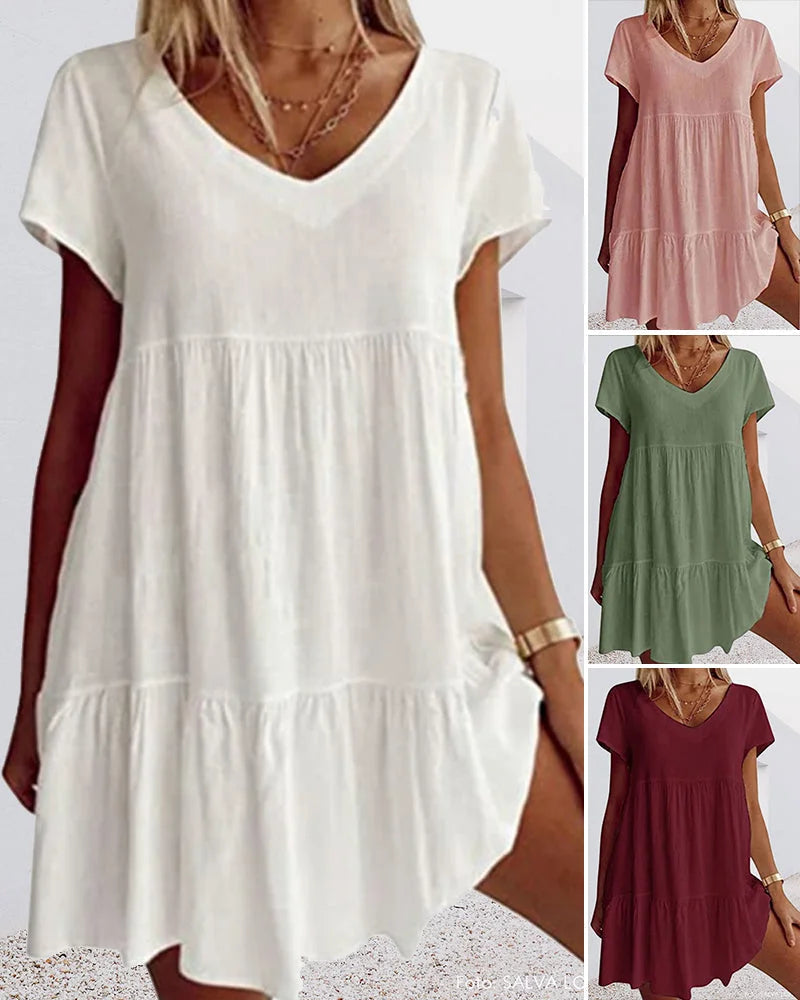 Damen Minikleid mit V-Ausschnitt, Rüschen und kurzen Ärmeln
