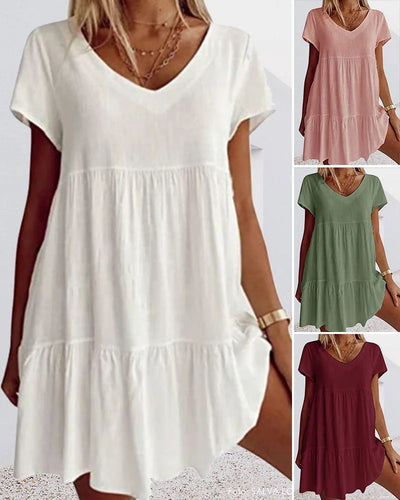 Damen Minikleid mit V-Ausschnitt, Rüschen und kurzen Ärmeln