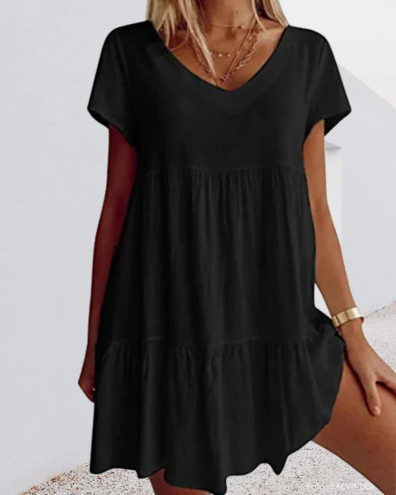 Damen Minikleid mit V-Ausschnitt, Rüschen und kurzen Ärmeln