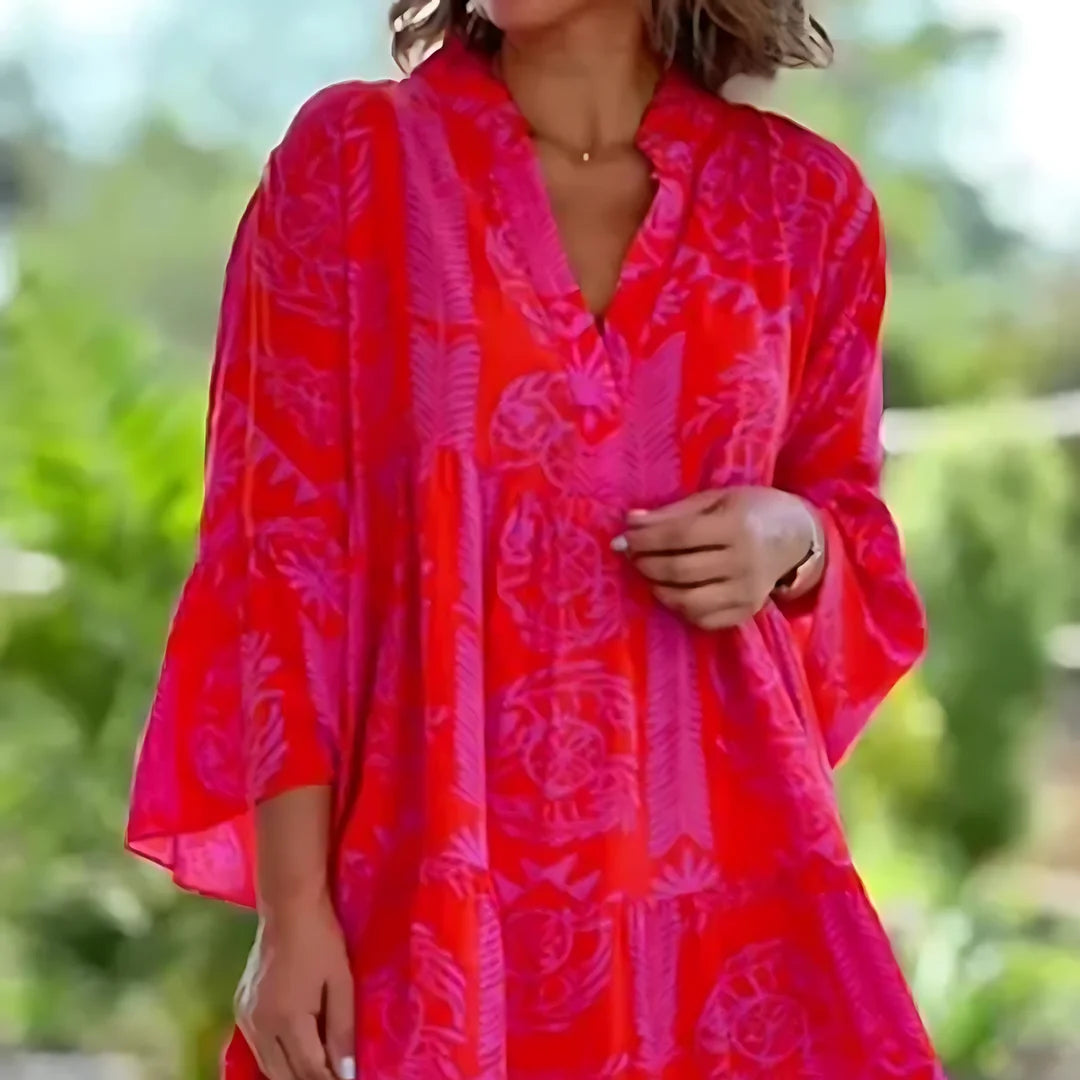 Damen Mini Sommerkleid in Rot mit Blumenmuster und V-Ausschnitt
