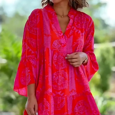 Damen Mini Sommerkleid in Rot mit Blumenmuster und V-Ausschnitt
