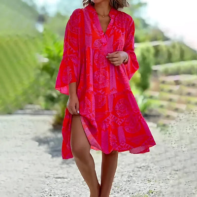 Damen Mini Sommerkleid in Rot mit Blumenmuster und V-Ausschnitt