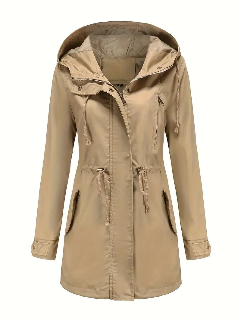 Damen Wasserdichter Trenchcoat mit Kapuze und Taschen