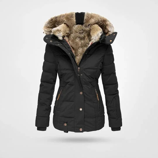Damen Winterjacke mit Kunstpelz-Kapuze und Taillenzug