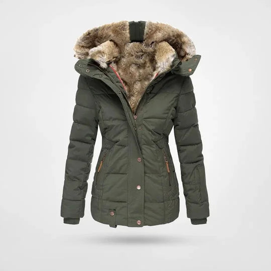 Damen Winterjacke mit Kunstpelz-Kapuze und Taillenzug