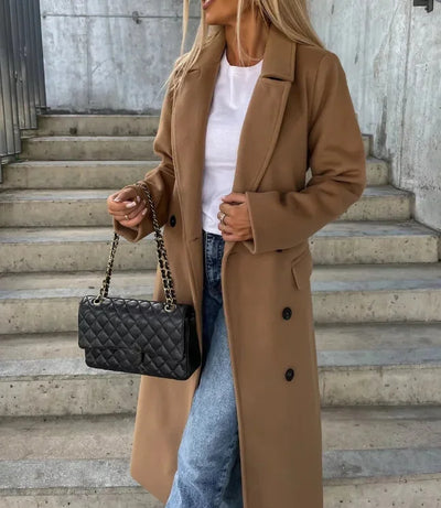 Damen Zweireihiger Mantel mit Gürtel und Taschen