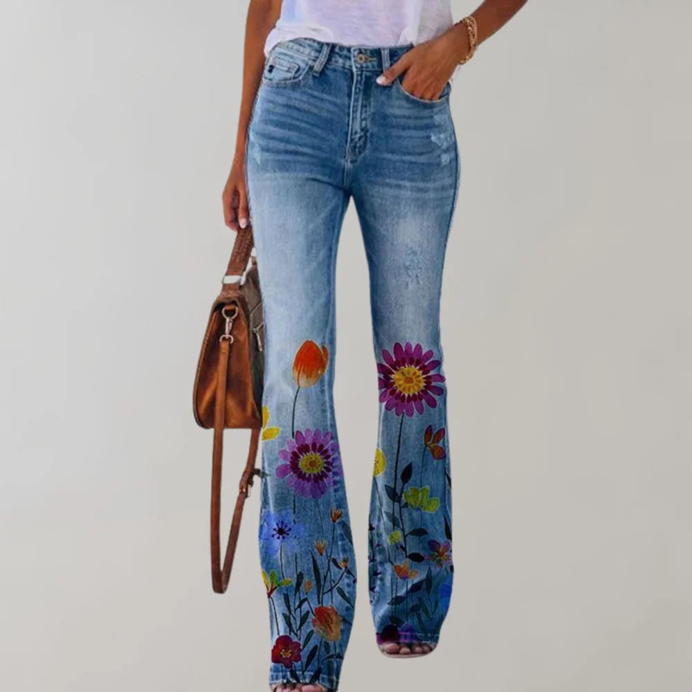 Damen Jeans mit weitem Bein und Blumendruck