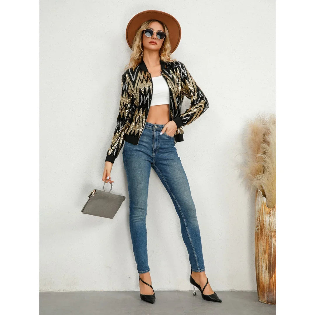 Damen bomberjacke mit Paillettenmuster und Reißverschluss schwarz-gold