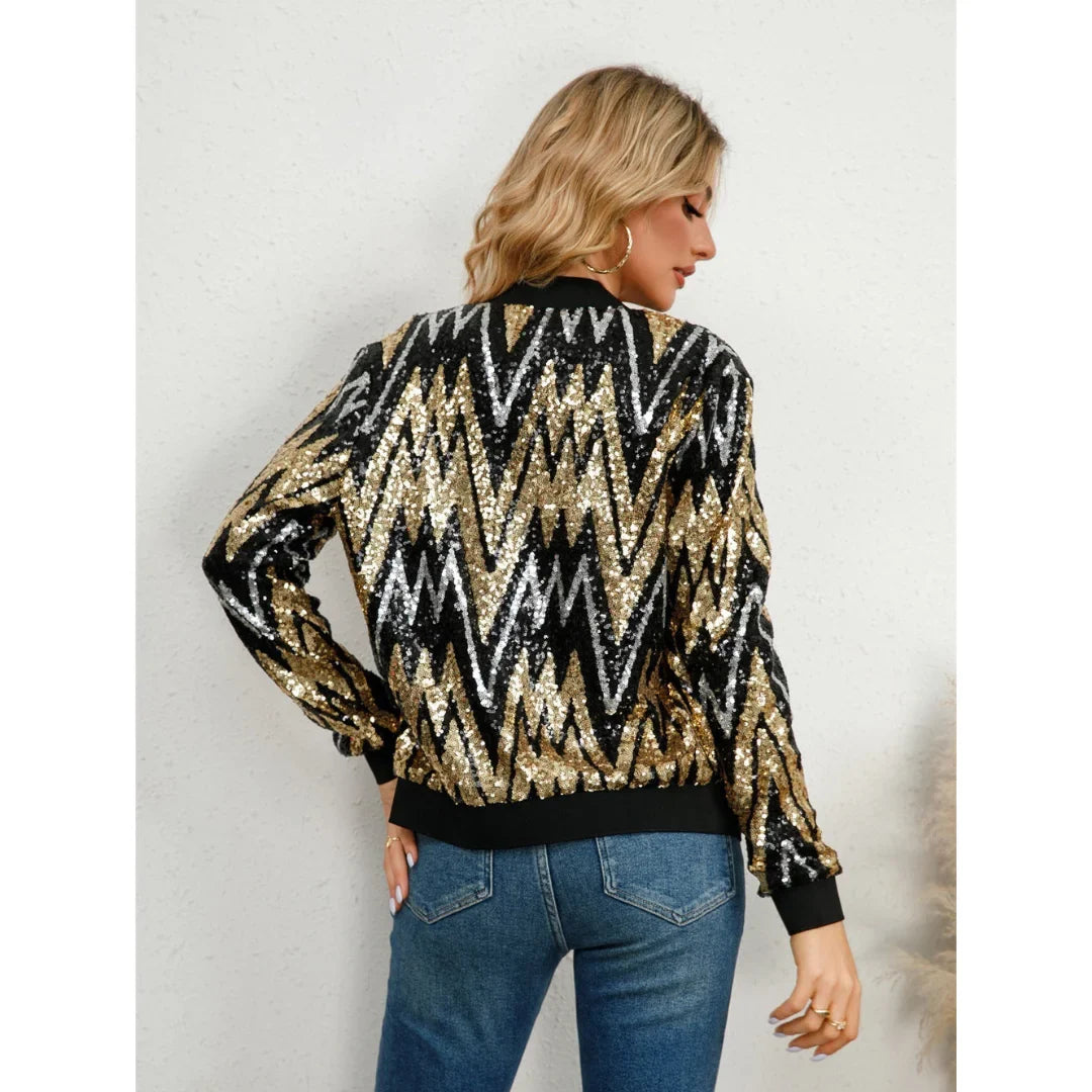 Damen bomberjacke mit Paillettenmuster und Reißverschluss schwarz-gold