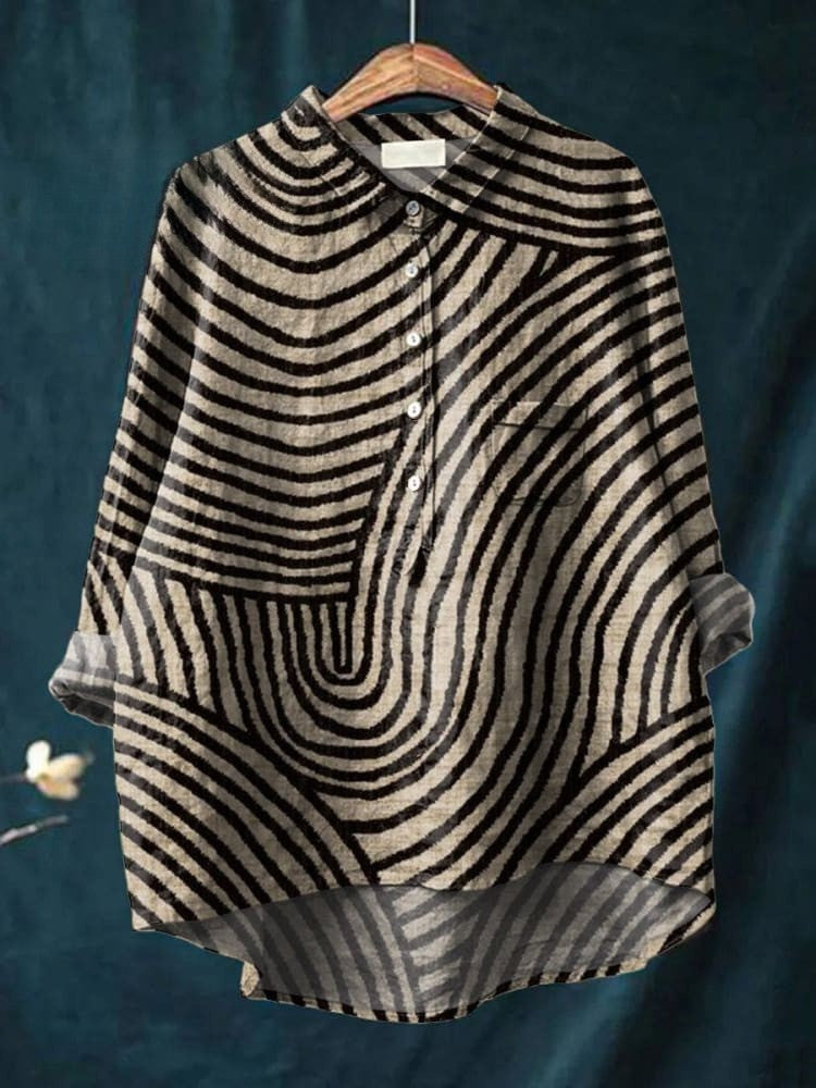 Naomi - Trendy Rundlinienmuster Baumwoll-Leinen Hemd