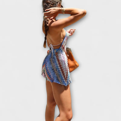 Helina - Bunt gestrickter rückenfreier Neckholder-Romper